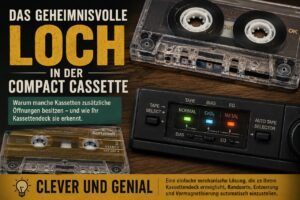 Beitragsbild zum Thema Löcher in der Compact Cassette. Gezeigt werden eine Compact Cassette, eine Musikkassette und ein Kassettendeck mit automatischer Bandsortenerkennung. Das Bild erklärt, welche Funktion die zusätzlichen Öffnungen an Kassetten besitzen.